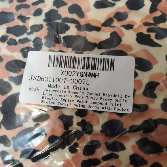 Women's Baby Doll Dress with Pockets, L, Leopard, Long Sleeve Flowy Tunic V Neck - Picture 9 of 9